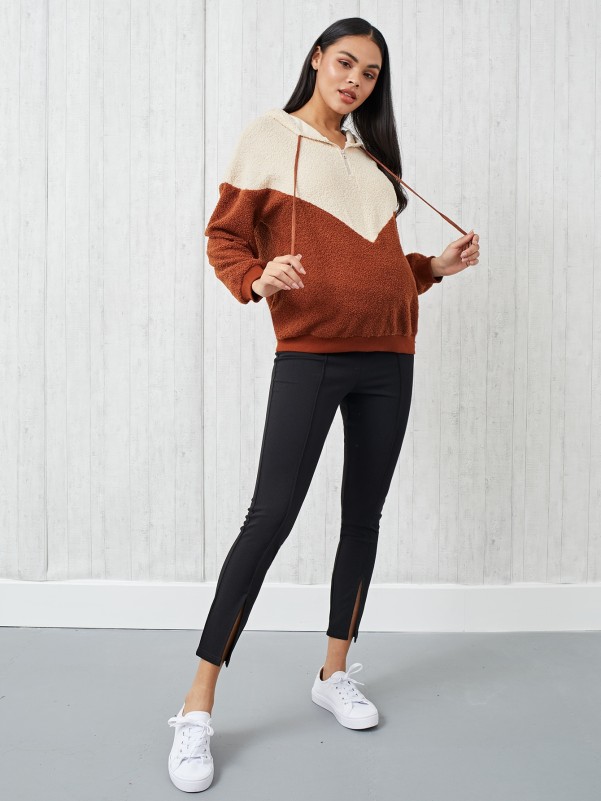 Maternity Zipper Half Placket Colorblock Teddy Hoodie