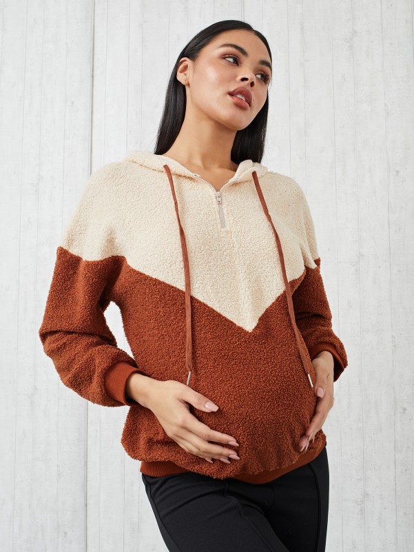 Maternity Zipper Half Placket Colorblock Teddy Hoodie