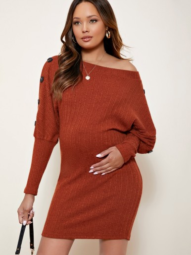 Maternity Asymmetrical Neck Batwing Sleeve Button Detail Dress