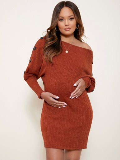 Maternity Asymmetrical Neck Batwing Sleeve Button Detail Dress