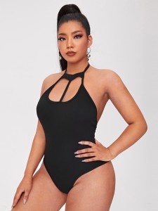 Plus Solid Peekaboo Backless Halter Bodysuit