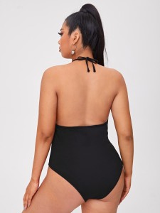 Plus Solid Peekaboo Backless Halter Bodysuit