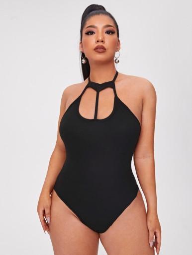 Plus Solid Peekaboo Backless Halter Bodysuit