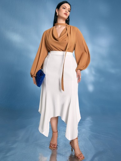 Plus Lantern Sleeve Draped Strap Top & Asymmetrical Hem Skirt