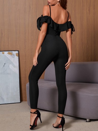 Cold Shoulder Ruffle Trim Backless Unitard Jumpsuit