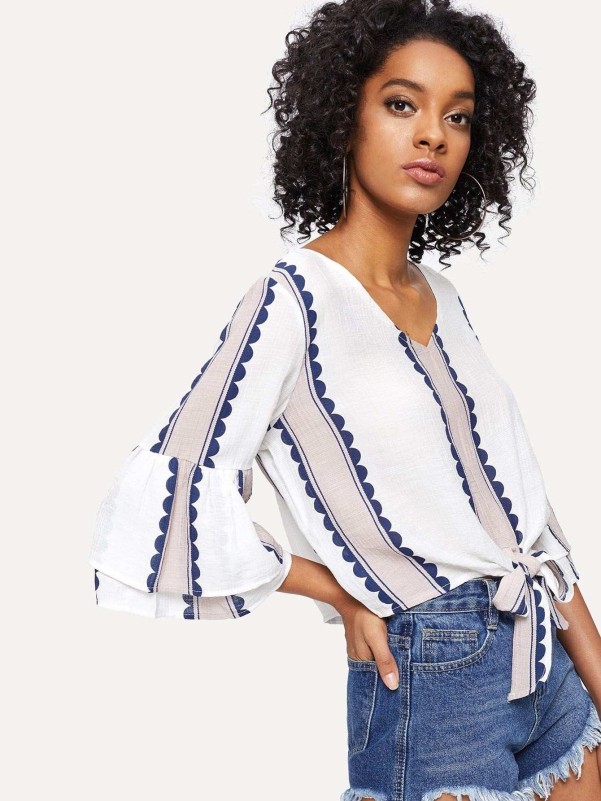 Fluted Sleeve Knot Hem Blouse