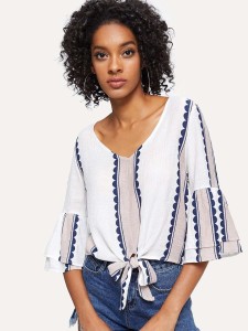 Fluted Sleeve Knot Hem Blouse