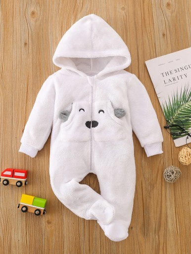 Baby Cartoon Graphic 3D Ears Design Hooded Flannel Sleep Jumpsuit