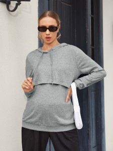 Maternity Drawstring Detail Solid Hoodie