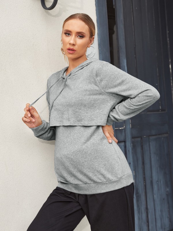 Maternity Drawstring Detail Solid Hoodie