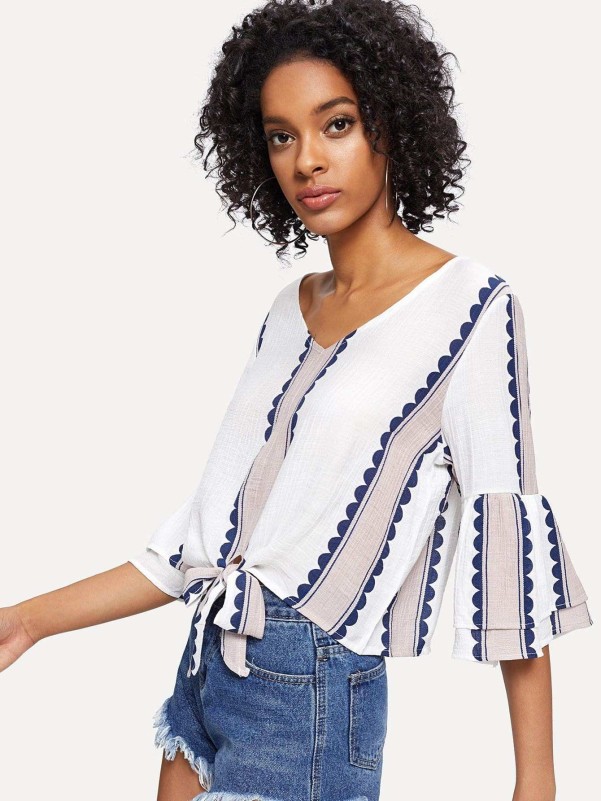 Fluted Sleeve Knot Hem Blouse