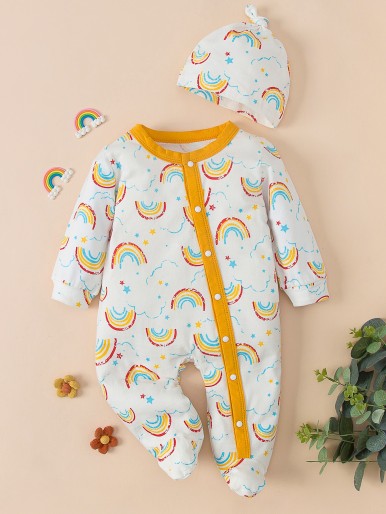 Baby Rainbow And Star Print Footed Sleep Jumpsuit With Hat