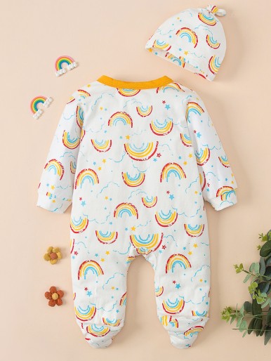 Baby Rainbow And Star Print Footed Sleep Jumpsuit With Hat