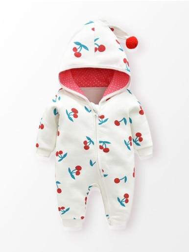 Baby Unisex Pompom Detail Cherry Print Jumpsuit