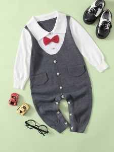 Baby Boy Bow Front 2 In 1 Knit Jumpsuit