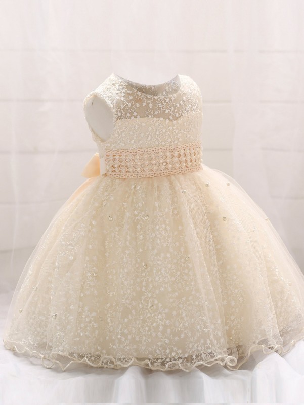 Baby Girl Pearls Beaded Embroidered Mesh Prom Dress