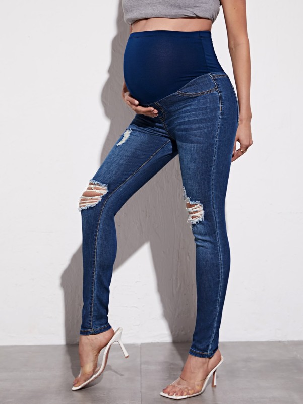 Maternity Ripped Wide Waistband Skinny Jeans