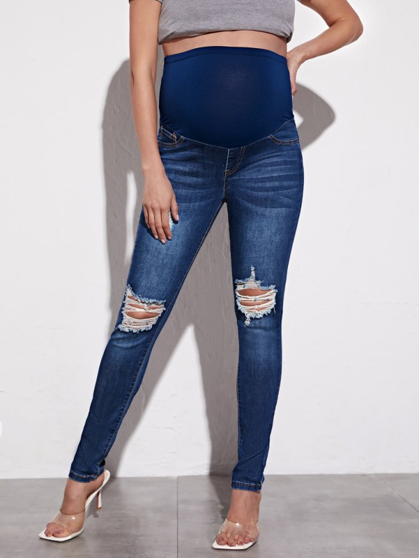 Maternity Ripped Wide Waistband Skinny Jeans