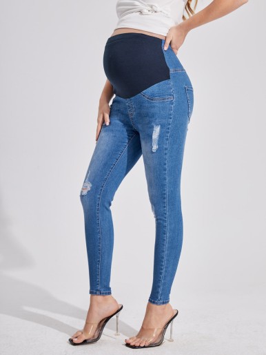 Maternity Bleach Wash Ripped Adjustable Elastic Waist Skinny Jeans