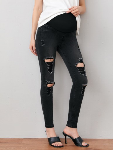 Maternity Mixed Media High Waist Ripped Detail Jeans