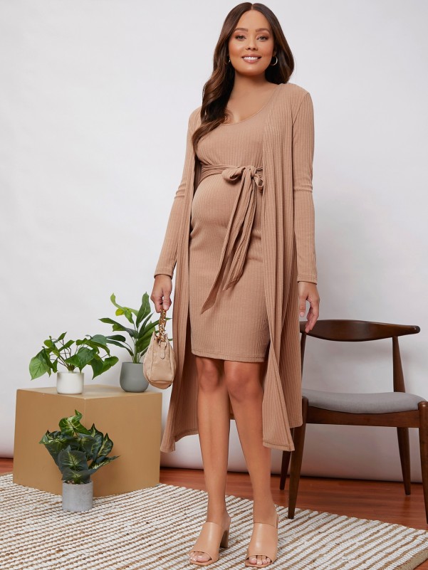 Maternity Rib-knit Belted Dress With Coat