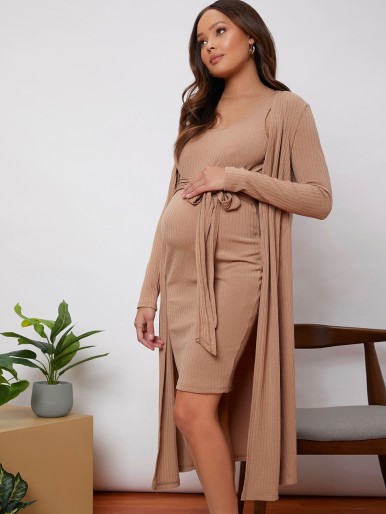 Maternity Rib-knit Belted Dress With Coat