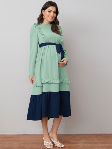 Maternity Ruffle Trim Belted Colorblock Dress