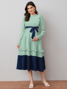 Maternity Ruffle Trim Belted Colorblock Dress