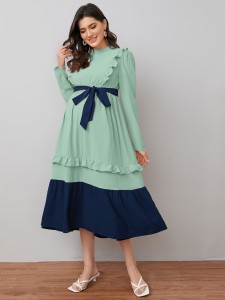 Maternity Ruffle Trim Belted Colorblock Dress