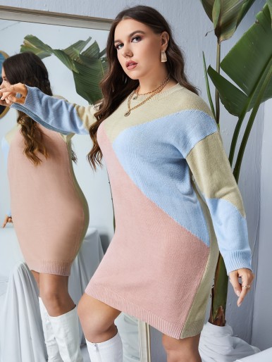 Plus Color Block Drop Shoulder Sweater Dress