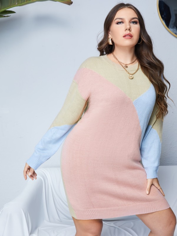 Plus Color Block Drop Shoulder Sweater Dress