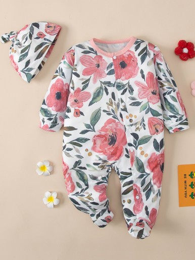 Baby Floral Print Footed Sleep Jumpsuit & Hat