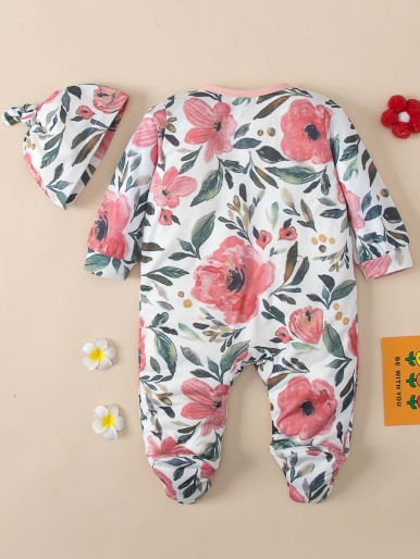 Baby Floral Print Footed Sleep Jumpsuit & Hat