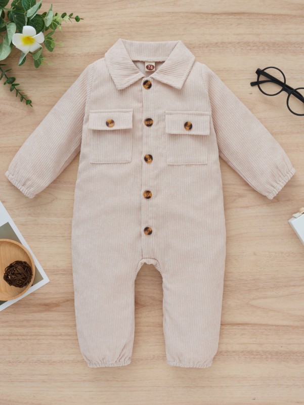 Baby Corduroy Flap Pockets Shirt Jumpsuit