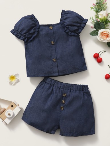 Baby Girl Button Denim Top With Shorts