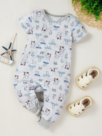 Baby Boy Kangaroo Pocket Allover Cartoon Jumpsuit