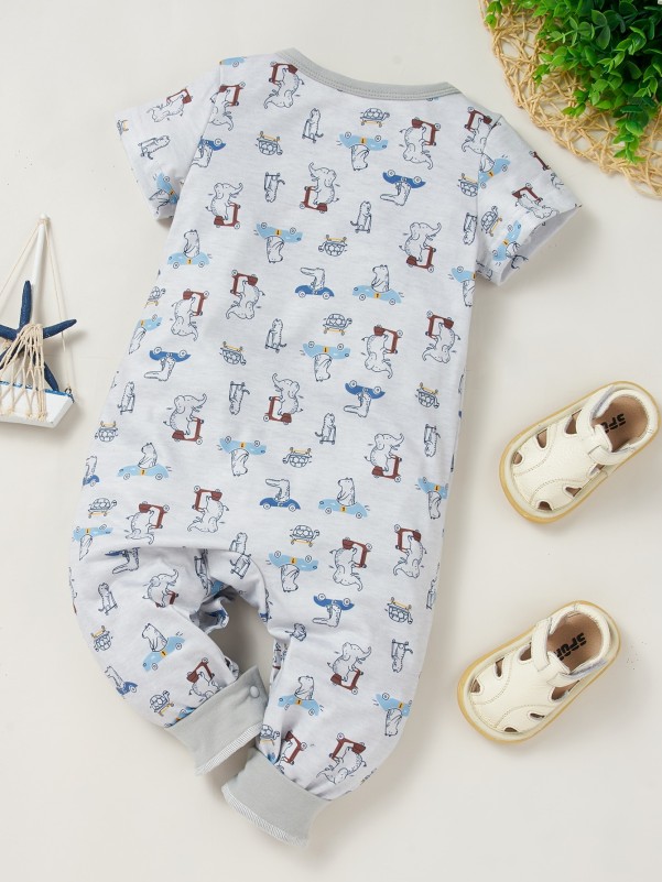 Baby Boy Kangaroo Pocket Allover Cartoon Jumpsuit