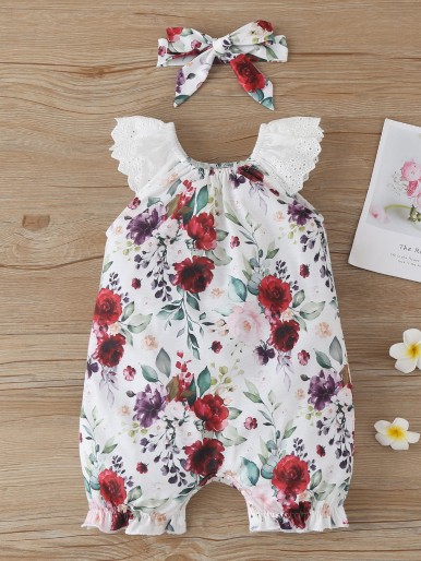 Baby Girl Floral Print Schiffy Panel Romper & Headband