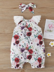 Baby Girl Floral Print Schiffy Panel Romper & Headband