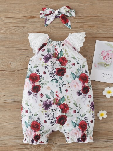 Baby Girl Floral Print Schiffy Panel Romper & Headband