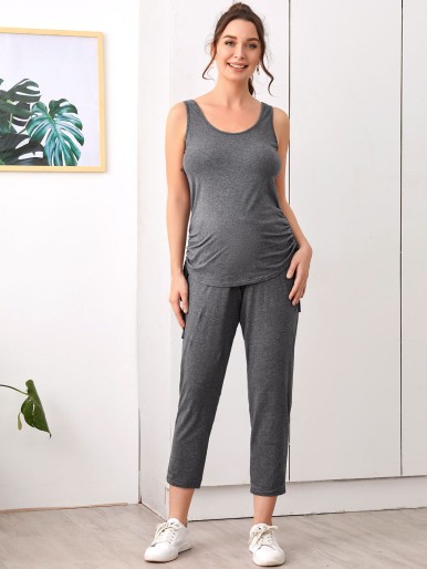 Maternity Drawstring Side Tank Top and Joggers Set