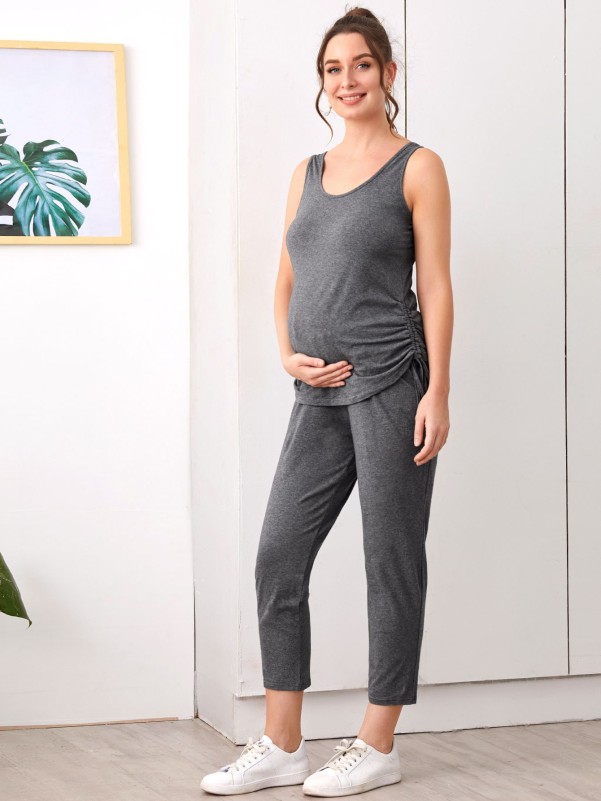 Maternity Drawstring Side Tank Top and Joggers Set