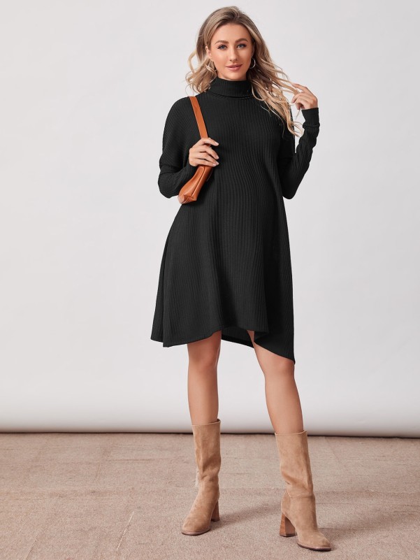 Maternity High Neck Drop Shoulder Rib-knit Dress