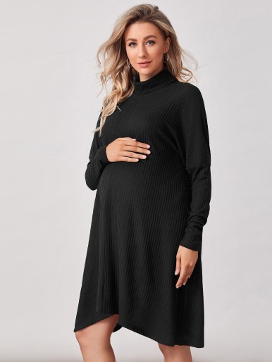 Maternity High Neck Drop Shoulder Rib-knit Dress