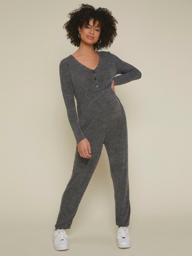 Maternity Half Placket Marled Knit Jumpsuit