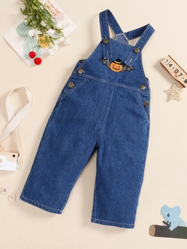 Baby Halloween Bat & Pumpkin Embroidery Denim Overalls