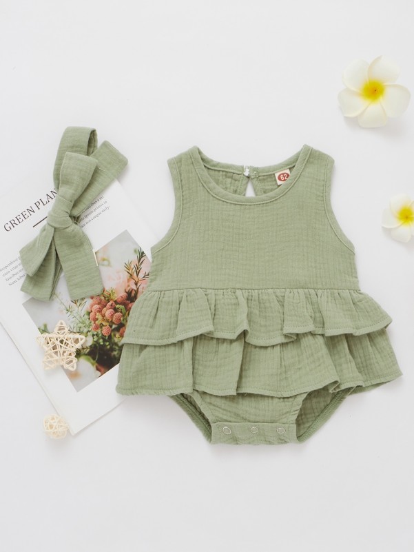 Baby Girl Layered Ruffle Tank Bodysuit With Headband