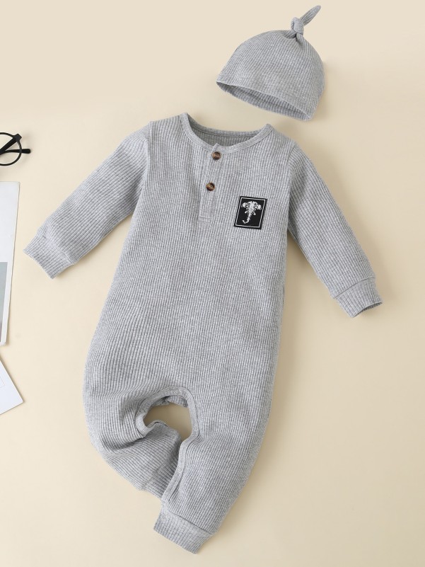 Baby Boy Ribbed Patched Jumpsuit & Hat