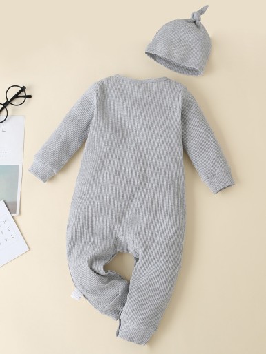 Baby Boy Ribbed Patched Jumpsuit & Hat