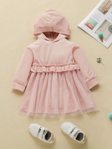 Baby Girl Ruffle Trim Mesh Panel Velvet Sweatshirt Dress